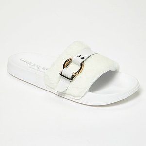 J/Slides White Buckle Up Slides Sandals New Sz 8